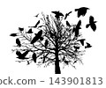 Birds in a tree. Silhouette of the branches of a bare tree with crows. Happy Halloween. hand drawing. Not AI. Vector illustration 143901813