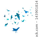 Flying blue birds silhouette flock. hand drawing. Not AI. Vector illustration 143901814