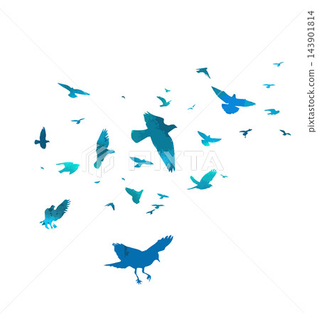 Flying blue birds silhouette flock. hand drawing. Not AI. Vector illustration 143901814