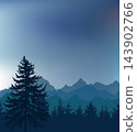 Blue landscape: nature, mountains, and forest. hand drawing. Not AI. Vector illustration 143902766
