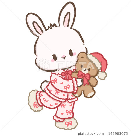 Adorable Chibi White Bunny Wearing Pink Bow Christmas Pajamas Walking While Hugging a Teddy Bear in Santa Hat Cute Cozy Holiday Bedtime Illustration Adorable Chibi White Bunny Wearing Pink Bow Christmas Pajamas Walking While Hugging a Teddy Bear in Santa Hat Cute Cozy Holiday Bedtime Illustration 143903073