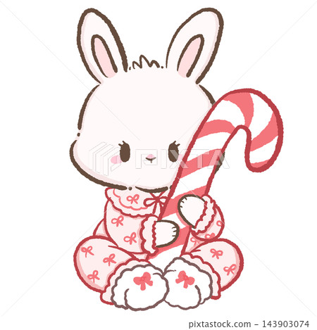 Cute Chibi White Bunny Wearing Pink Christmas Bow Pajamas Sitting and Holding a Giant Red and White Candy Cane Adorable Kawaii Holiday Sleepover Illustration Cute Chibi White Bunny Wearing Pink Christmas Bow Pajamas Sitting and Holding a Giant Red and White Candy Cane Adorable Kawaii Holiday Sleepover Illustration 143903074