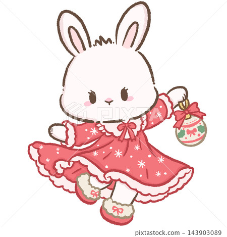 Adorable Chibi White Bunny Wearing a Red Christmas Nightgown with White Lace Trim Twirling While Holding a Festive Christmas Ornament Cute Holiday Illustration Adorable Chibi White Bunny Wearing a Red Christmas Nightgown with White Lace Trim Twirling While Holding a Festive Christmas Ornament Cute Holiday Illustration 143903089