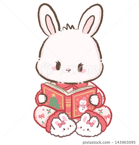 Cute Chibi White Bunny Wearing Pink Christmas Pajamas and Fluffy Bunny Slippers Sitting and Reading a Festive Christmas Storybook Adorable Holiday Bedtime Illustration Cute Chibi White Bunny Wearing Pink Christmas Pajamas and Fluffy Bunny Slippers Sitting and Reading a Festive Christmas Storybook Adorable Holiday Bedtime Illustration 143903095