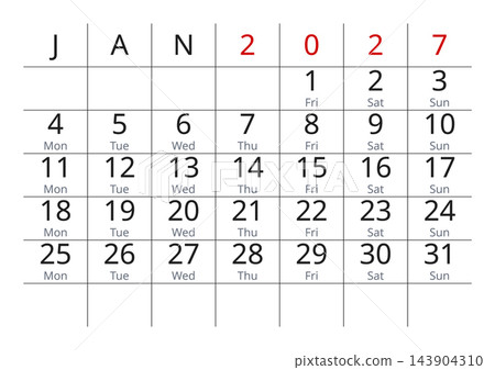 January 2027 English Basic Desk Monthly Calendar Grid Professional Corporate Pla January 2027 English Basic Desk Monthly Calendar Grid Professional Corporate Pla 143904310