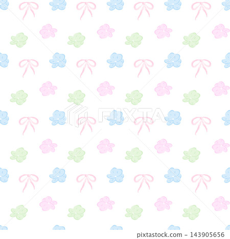 Seamless watercolor pattern of pink ribbon bow and multicolor pastel hydrangea small flowers Clipart. Isolated vector pattern on white background Fabric, gift wrap, wedding invitations or stationery 143905656