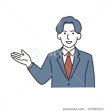 一幅插圖，描繪了一位男性商務人士伸出手，面帶微笑地引導觀眾。 143905814