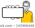 An elderly man holding his smartphone screen horizontally to make it appear larger. 143906448