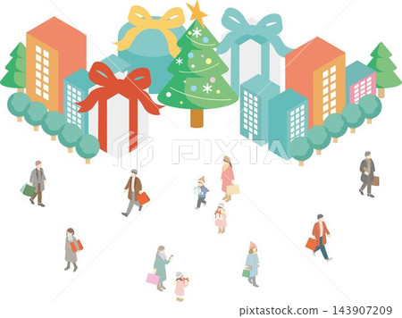 等距聖誕街景人物樹家庭兒童角色插畫集 143907209