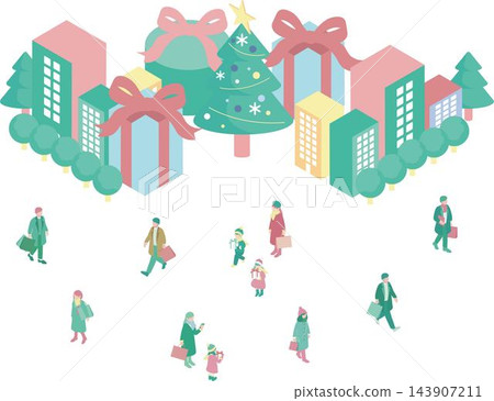 等距聖誕街景人物樹家庭兒童角色插畫集 等距聖誕街景人物樹家庭兒童角色插畫集 143907211