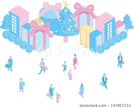 等距聖誕街景人物樹家庭兒童角色插畫集 等距聖誕街景人物樹家庭兒童角色插畫集 143907212