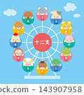 Illustrations of the twelve zodiac animals riding a Ferris wheel. Illustrations of the twelve zodiac animals riding a Ferris wheel. 143907958