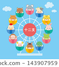 Illustrations of the twelve zodiac animals riding a Ferris wheel. Illustrations of the twelve zodiac animals riding a Ferris wheel. 143907959