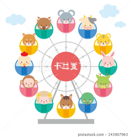 Illustrations of the twelve zodiac animals riding a Ferris wheel. Illustrations of the twelve zodiac animals riding a Ferris wheel. 143907963