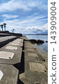 A scenic view of the stepped seawall by the sea, with blue skies and palm trees. 143909004