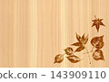 Natural wood material with the silhouette of fallen leaves burned into it. 143909110