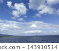 A calm sea and horizon with a blue sky and white clouds. 143910514