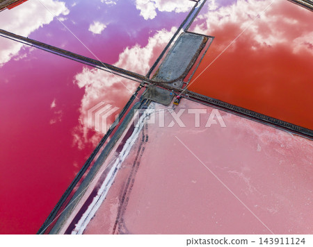 Salt extraction ponds show connected channels and colored water viewed from above during a sunny day Salt extraction ponds show connected channels and colored water viewed from above during a sunny day 143911124