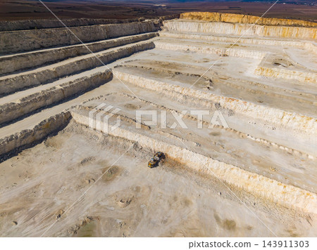 Quarry workers operate an excavator across stepped excavation benches during a daytime work shift Quarry workers operate an excavator across stepped excavation benches during a daytime work shift 143911303