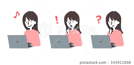 一組簡單的平面插畫，描繪了一位女性使用筆記型電腦的場景。 143911808