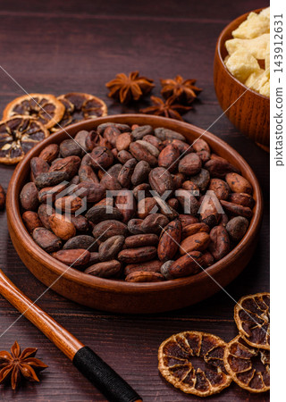 Roasted or raw cacao beans for making powder and chocolate. Cacao beans Roasted or raw cacao beans for making powder and chocolate. Cacao beans 143912631