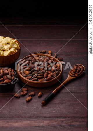 Roasted or raw cacao beans for making powder and chocolate. Cacao beans 143912635