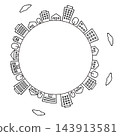 A monochrome illustration background featuring a simple cityscape and buildings arranged in a circular pattern. 143913581