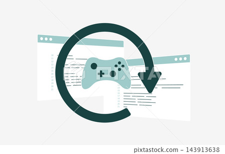 Cross-platform game porting adapts classic titles for new systems. AI coding agents assist recompilation, compatibility testing and game preservation on desktop and console, vector illustration 143913638