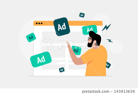 Ad fatigue marks declining response to digital advertising. Intrusive placements and audience saturation limit effectiveness, prompting creative refresh and frequency planning, vector illustration Ad fatigue marks declining response to digital advertising. Intrusive placements and audience saturation limit effectiveness, prompting creative refresh and frequency planning, vector illustration 143913639