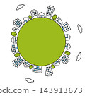 A simple cityscape and building illustration background surrounding a green globe. 143913673