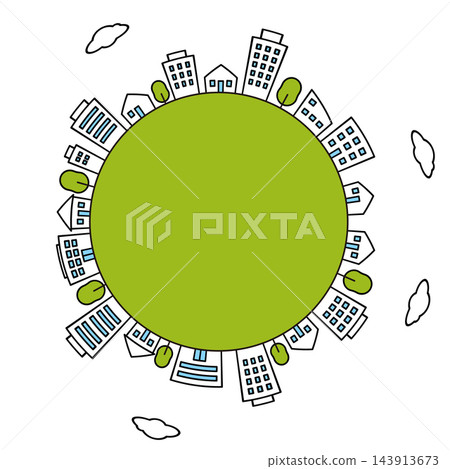A simple cityscape and building illustration background surrounding a green globe. 143913673