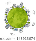 A simple cityscape and building illustration background surrounding a green globe. 143913674