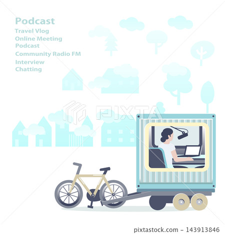 Flat illustration of a mobile radio studio and a female DJ. Flat illustration of a mobile radio studio and a female DJ. 143913846
