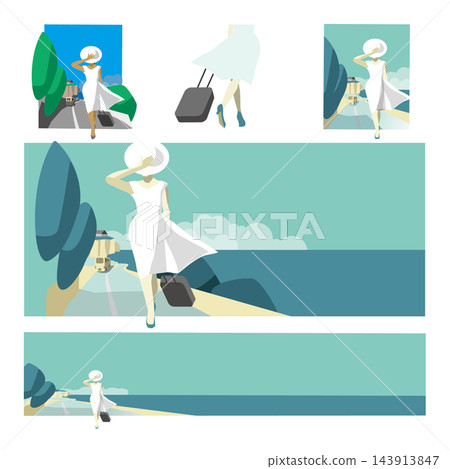 一幅平面插畫，描繪了一位女士拉著行李箱沿著海岸公路行走，背景是島嶼和懸崖。 143913847