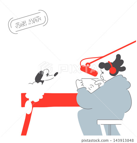 一幅極簡主義風格的廣播插圖，描繪了一位女士的側臉正在和一隻狗說話，旁邊還有一個「正在播出」的標誌。 143913848