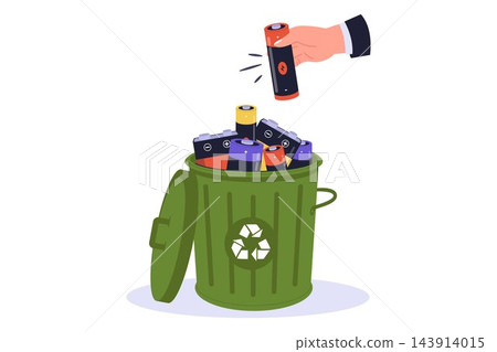Flat Vector of Hand Dropping Used Batteries into Recycling Bin Flat Vector of Hand Dropping Used Batteries into Recycling Bin 143914015