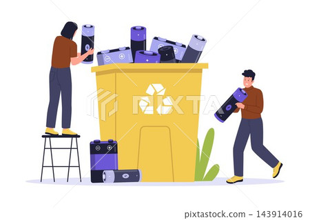 Vector Illustration of People Putting Batteries into Dedicated Recycling Bin Vector Illustration of People Putting Batteries into Dedicated Recycling Bin 143914016