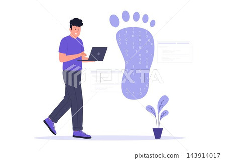 Vector Illustration of Man with Laptop Leaving Binary Digital Footprint for Cybersecurity Vector Illustration of Man with Laptop Leaving Binary Digital Footprint for Cybersecurity 143914017