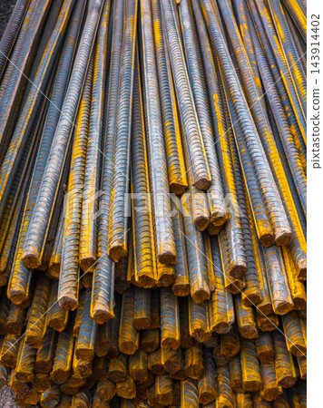 Close-up of Rusty Steel Reinforcing Bars Rebar Pile Close-up of Rusty Steel Reinforcing Bars Rebar Pile 143914402