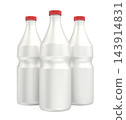 Group of white plastic milk or yogurt bottles 143914831