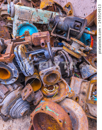 Close-Up of Rusty Scrap Metal Industrial Parts Pile Close-Up of Rusty Scrap Metal Industrial Parts Pile 143914913