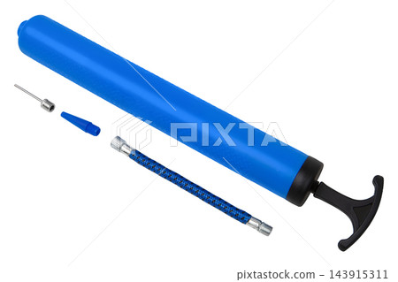 Blue manual ball pump with flexible hose and needle isolated on white background Blue manual ball pump with flexible hose and needle isolated on white background 143915311