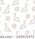 Seamless vector pattern with dinosaurs and tropical leaves in line art style 143915473