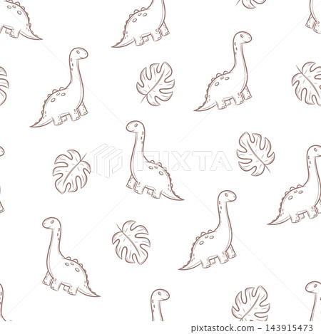 Seamless vector pattern with dinosaurs and tropical leaves in line art style Seamless vector pattern with dinosaurs and tropical leaves in line art style 143915473
