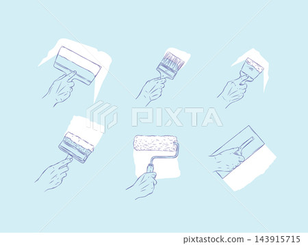 Hand with wall construction tools paint roller, putty knife light blue Hand with wall construction tools paint roller, putty knife light blue 143915715