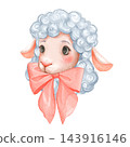 Cute Lamb Illustration with Pink Bow and Curly Wool 143916146