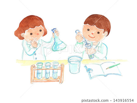 一幅水彩插圖,描繪了身穿實驗服的孩子們正在用燒瓶和試管進行科學實驗。 一幅水彩插圖,描繪了身穿實驗服的孩子們正在用燒瓶和試管進行科學實驗。 143916554