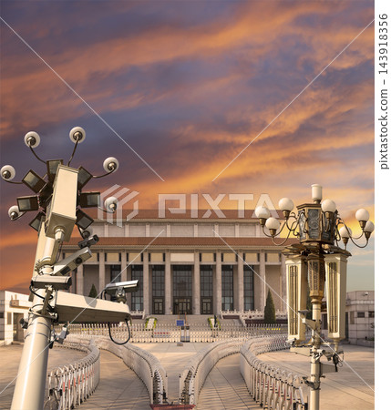 Mausoleum of Mao Zedong and street lamp (against the sunset), Tiananmen Square, Beijing, China Mausoleum of Mao Zedong and street lamp (against the sunset), Tiananmen Square, Beijing, China 143918356
