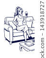 Illustration of a Woman with a Wine Glass Sitting on a Sofa Artwork Design Template for Posters and Wall Art 143918727