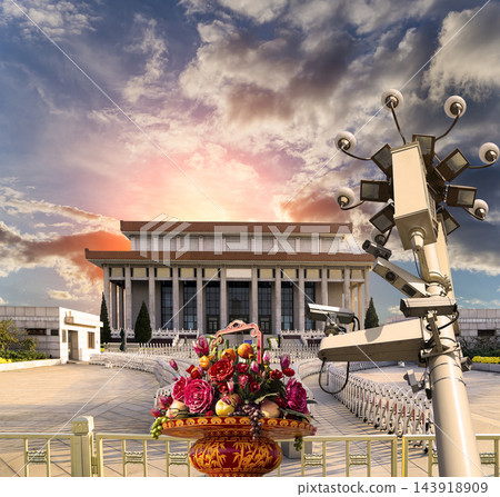 Mausoleum of Mao Zedong with street lamp and huge flower basket (against the sunset), Tiananmen Square, Beijing, China Mausoleum of Mao Zedong with street lamp and huge flower basket (against the sunset), Tiananmen Square, Beijing, China 143918909